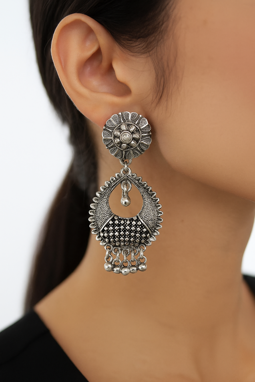 Oxidized Silver Dangler Earrings with Floral Stud and Beaded Detailing
